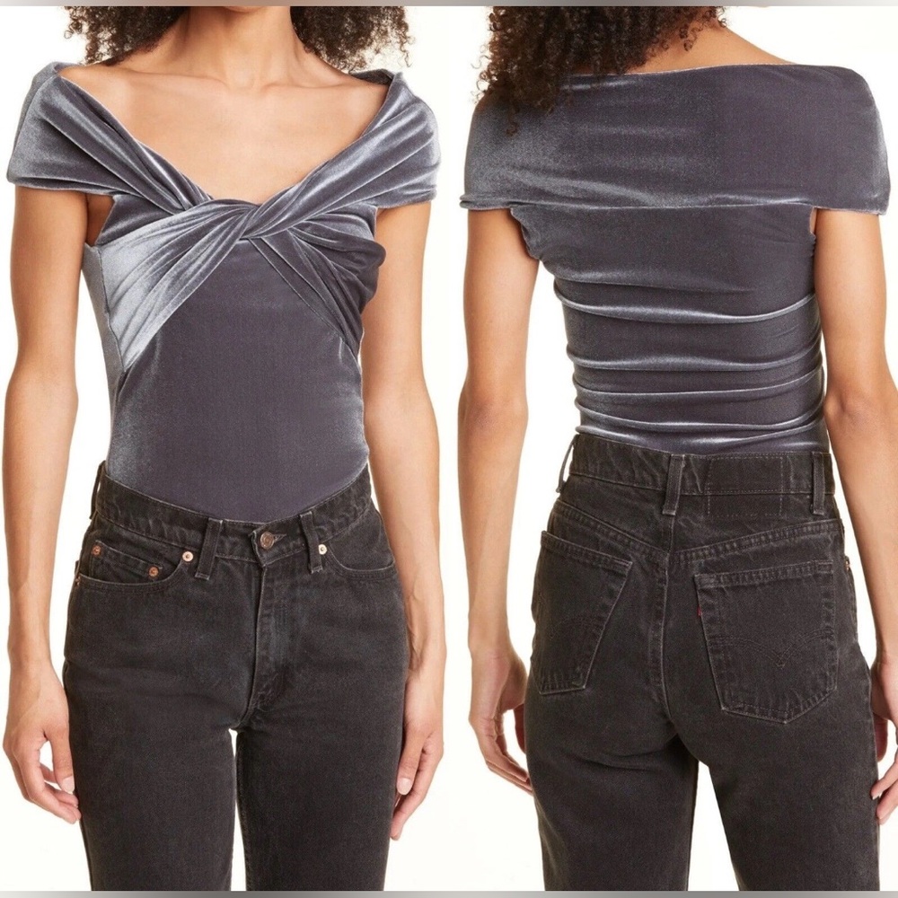 ALIX NYC Women MED Grove Twisted Bodysuit Gray Metallic Velvet Off Shoulder NWT